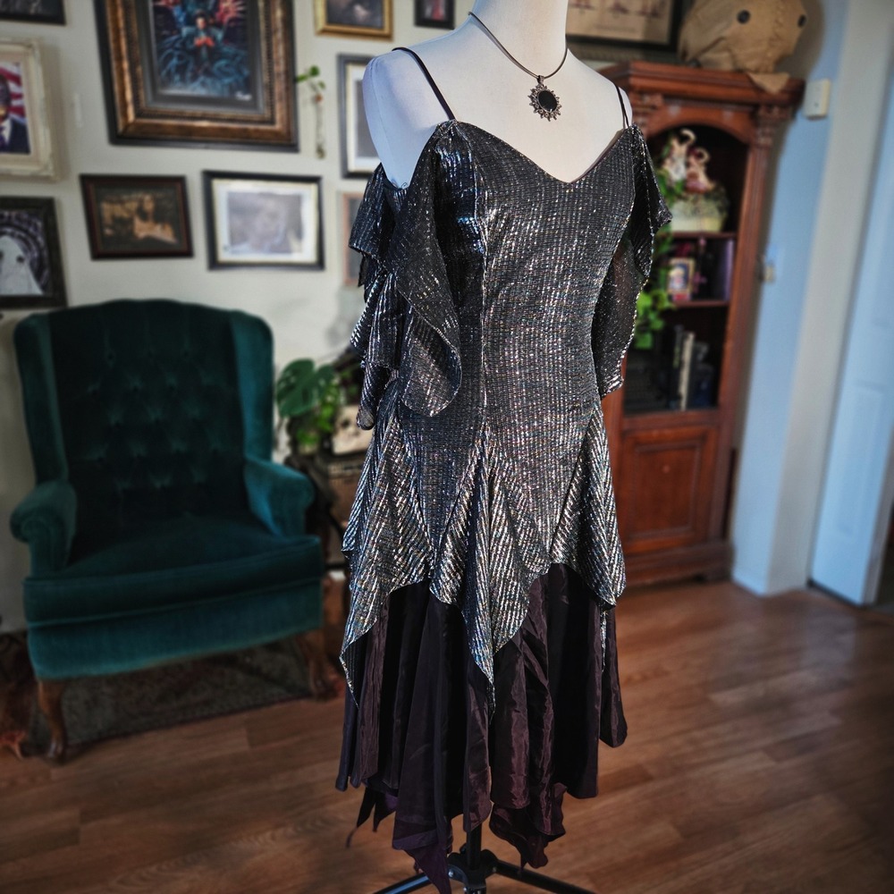Nuance Party Dress Vintage 80s Metallic Asymmetrical Ruffle Glam Disco Midi - Picture 2 of 8